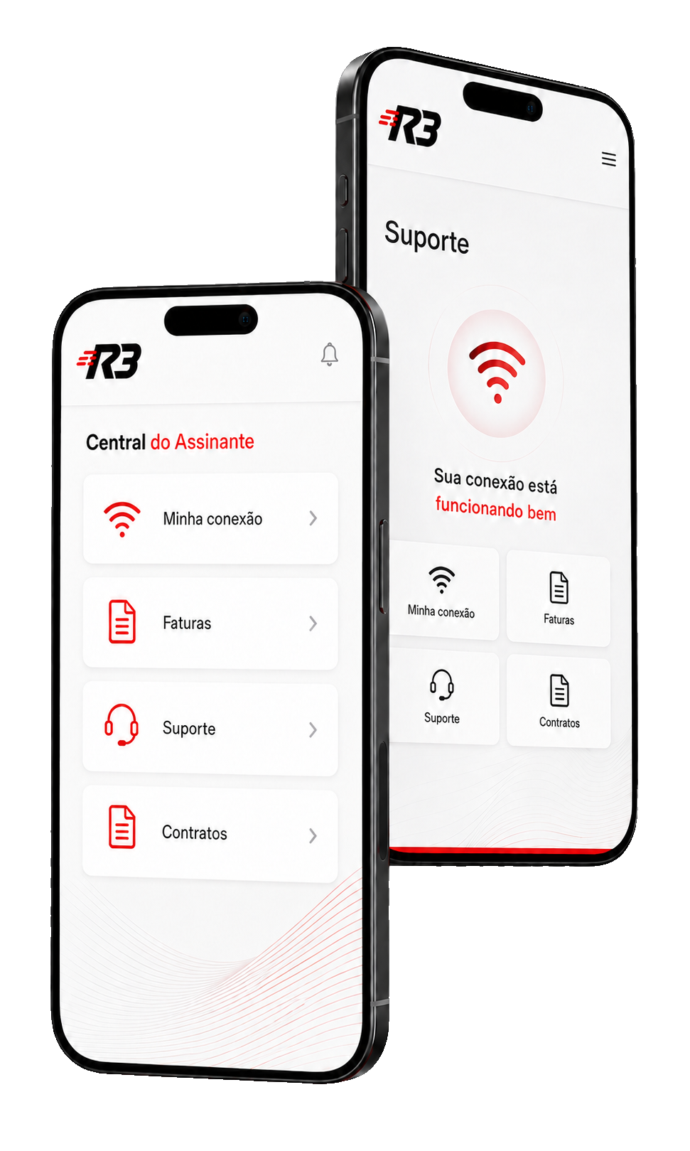 Imagem ilustrativa de dois celulares exibindo o aplicativo da R3 Internet.